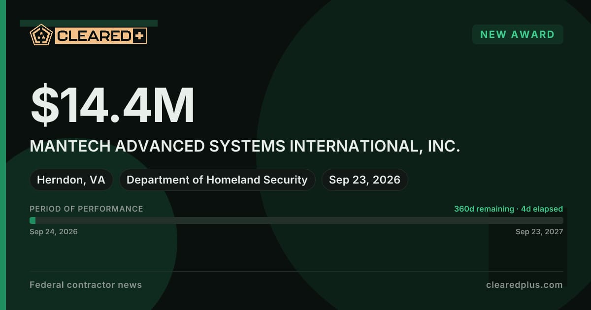 MANTECH ADVANCED SYSTEMS INTERNATIONAL, INC. received a new award from the Department of Homeland Security graphic.