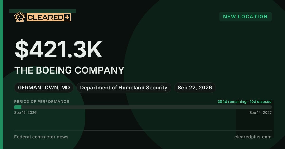 THE BOEING COMPANY has added GERMANTOWN, MD as a performance location under contract 70B06C26P00000383 graphic.