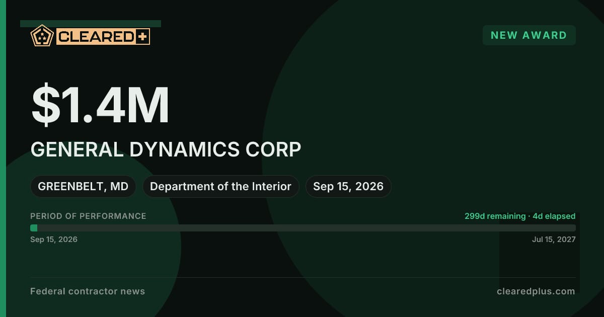 GENERAL DYNAMICS CORP received a new award from the Department of the Interior graphic