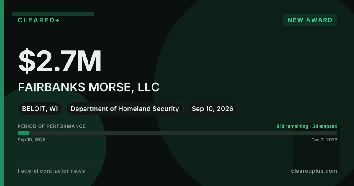 FAIRBANKS MORSE, LLC Receives $2.7M Department of Homeland Security Award in Beloit, WI