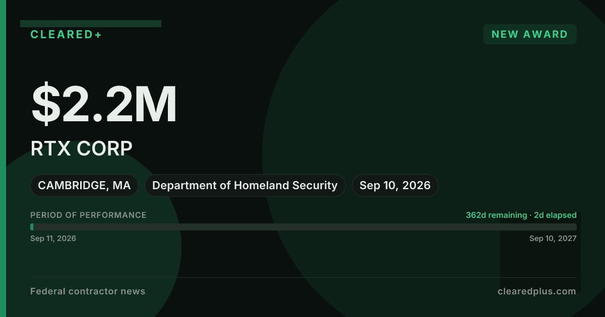 RTX CORP Awarded $2.2M Department of Homeland Security Contract in Cambridge