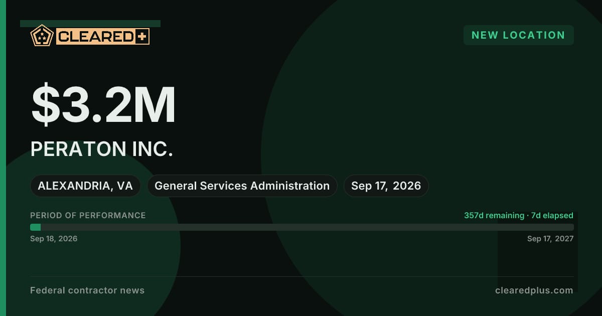 PERATON INC. has added Alexandria, VA as a place of performance under award 47QFPA26F0032  graphic.